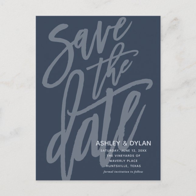 Save the Date Modern Brush Script Denim Blue Announcement Postcard (Front)