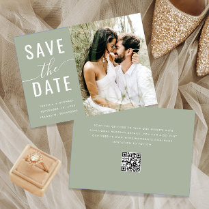 Save The Date Modern Calligraphy Sage Green Photo QR Code 