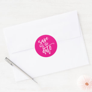SAVE THE DATE modern calligraphy script hot pink Classic Round Sticker