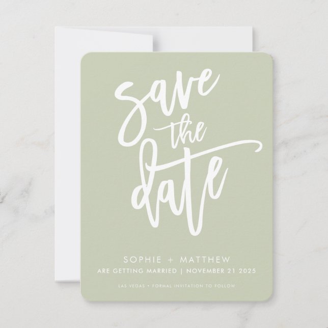 SAVE THE DATE modern calligraphy script sage green (Front)