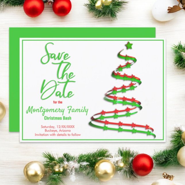 Save The Date | Modern Christmas Tree Announcement (front and solid back of save the date announcement invitation)