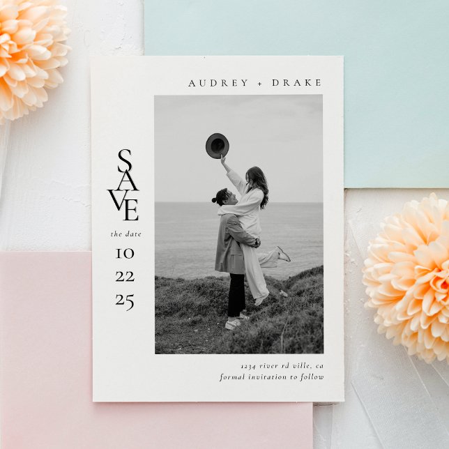 Save The Date Modern Clean Black and White Photo Wedding (Créateur téléchargé)