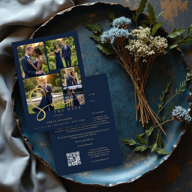 Save The Date Modern Collage 5-Photo Wedding Navy Blue (Modern Collage Wedding 5-Photos Navy Blue & Faux Gold Script Typography Save the Date Card Design.)