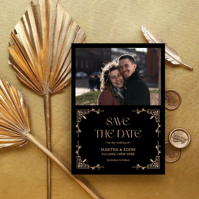 Save The Date Modern Deco | Faux Gold and Black Photo Wedding (Modern deco faux gold and black save the date with photo celebrates your love with elegant style.)