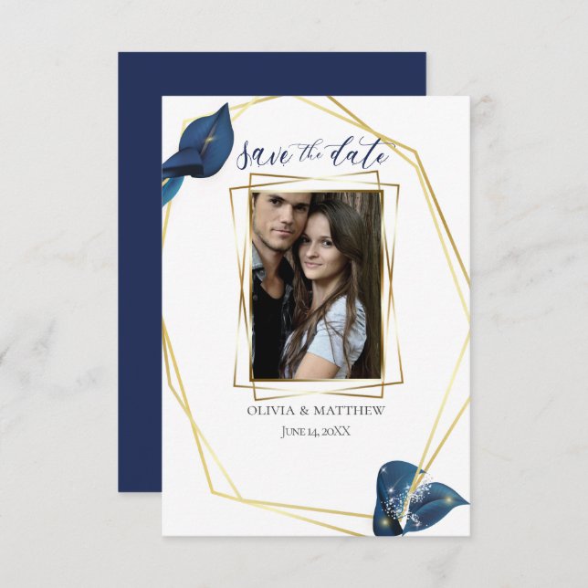 SAVE THE DATE | Modern Deep Indigo Blue and Gold Invitation (Front/Back)