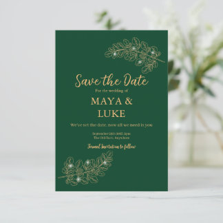 Save The Date Modern Gold leaves Emerald