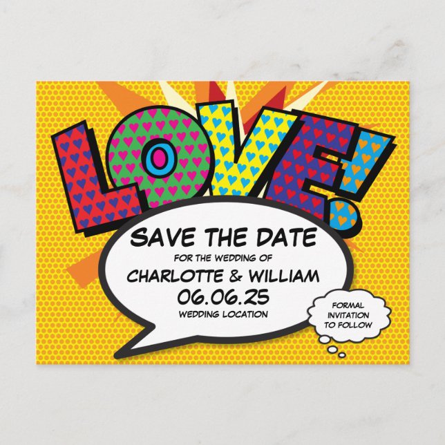 Save the Date Modern Love Fun Comic Book Announcement Postcard (Front)