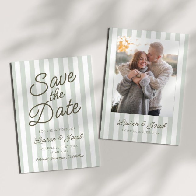 Save The Date Modern Minimal Minimalist Green Stripes Wedding (Créateur téléchargé)