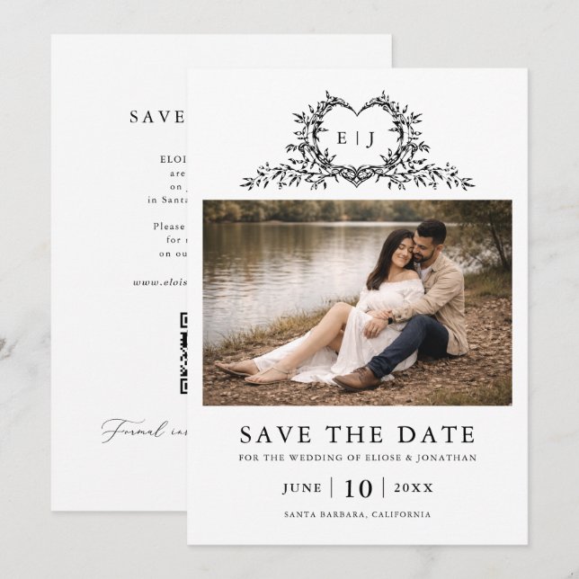 Save The Date Modern Minimalist Calligraphy Crest monogram Photo (Devant / Derrière)