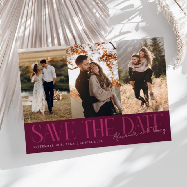 Save The Date Modern Multi Photo Couple's Signature Cranberry (Créateur téléchargé)
