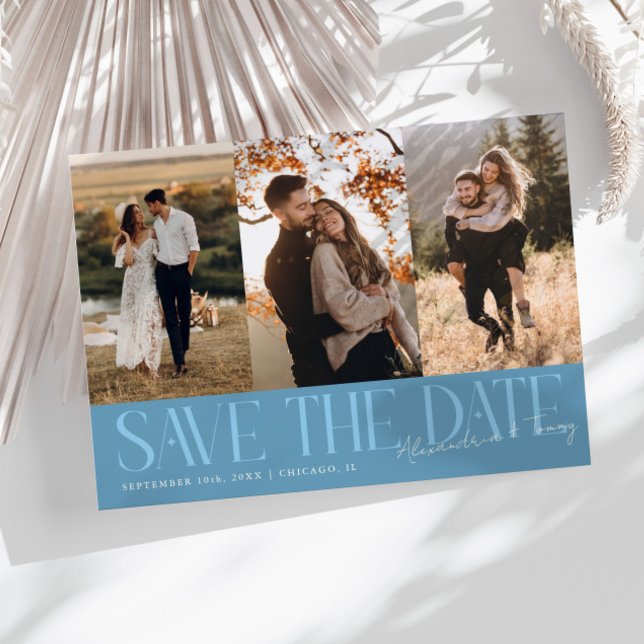Save The Date Modern Multi Photo Couple's Signature Denim Blue (Créateur téléchargé)