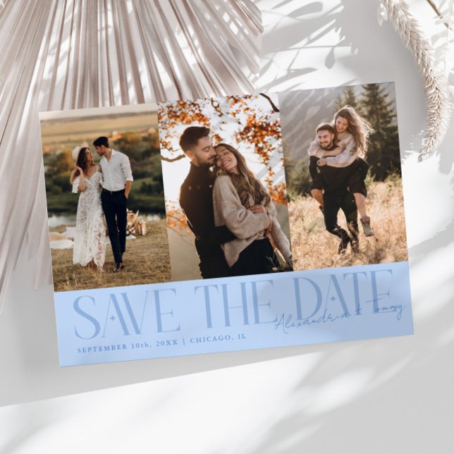 Save The Date Modern Multi Photo Couple's Signature Icy Blue (Créateur téléchargé)