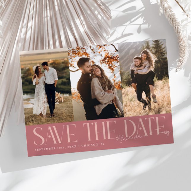Save The Date Modern Multi Photo Couple's Signature Pink (Créateur téléchargé)