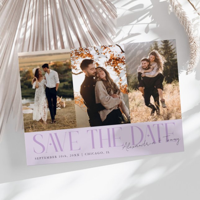Save The Date Modern Multi Photo Couple's Signature Purple (Créateur téléchargé)