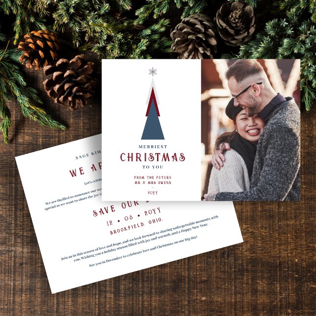 Save The Date Modern Original Christmas Tree Photo Couple (Modern Original Christmas Tree with Photo Holiday Card with Envelope as a Wedding Save the Date. )