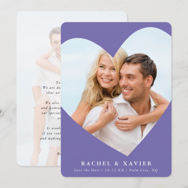 SAVE THE DATE modern photo heart frame purple Invitation (Front/Back)
