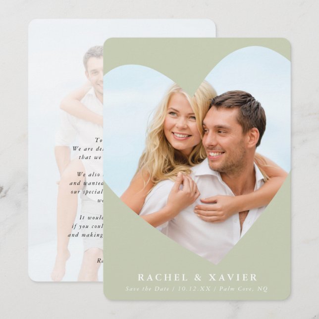 SAVE THE DATE modern photo heart frame sage green Invitation (Front/Back)