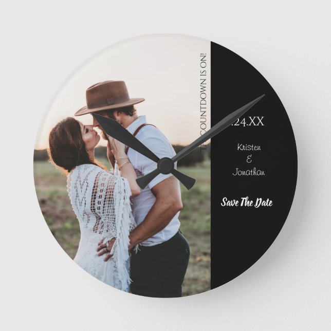 Save the Date Modern Photo Round Clock (Front)