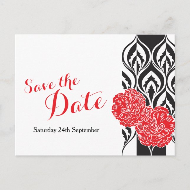 Save the date modern red dianthus wedding postcard (Front)