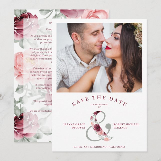 Save The Date Modern Romantic Classic Floral Pink Shades Photo (Devant / Derrière)
