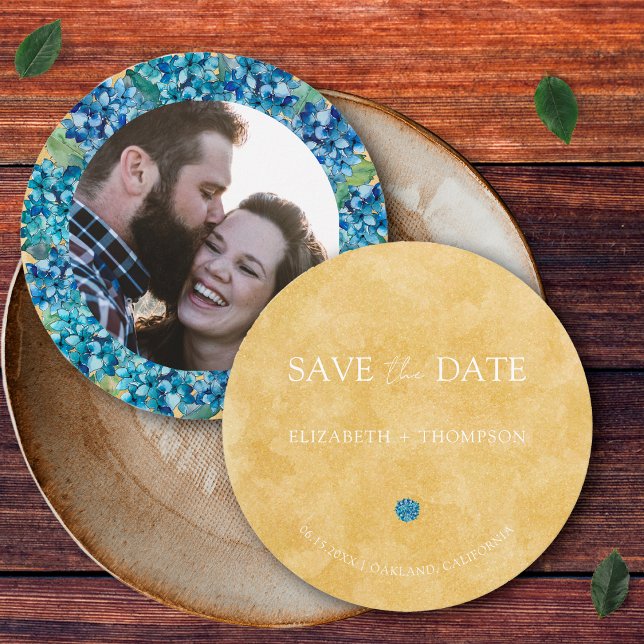 Save The Date Modern Sand Blue Hydrangea Round Wedding (Créateur téléchargé)
