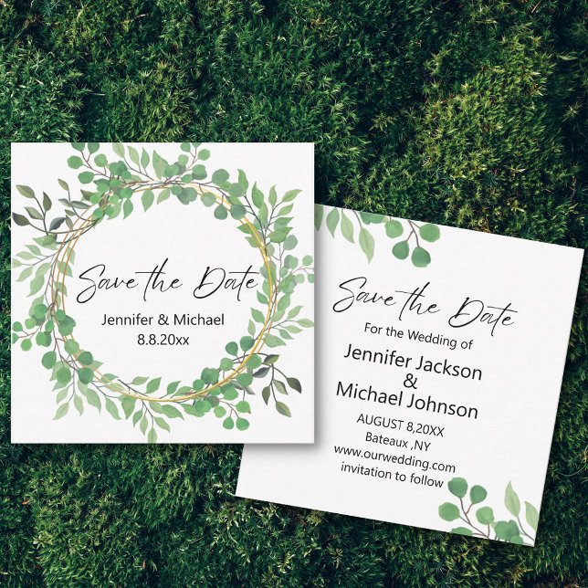 save the date modern script greenery wreath  card (Creator Uploaded)