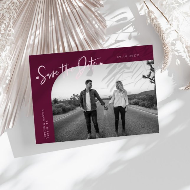 Save The Date Modern Script Heart Cranberry Curved Frame Photo (Créateur téléchargé)