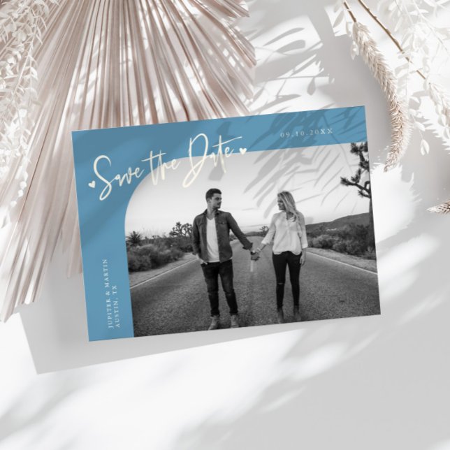 Save The Date Modern Script Heart Denim Blue Curved Frame Photo (Créateur téléchargé)