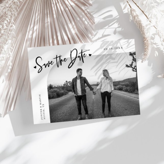 Save The Date Modern Script Heart White Curved Frame Photo (Créateur téléchargé)