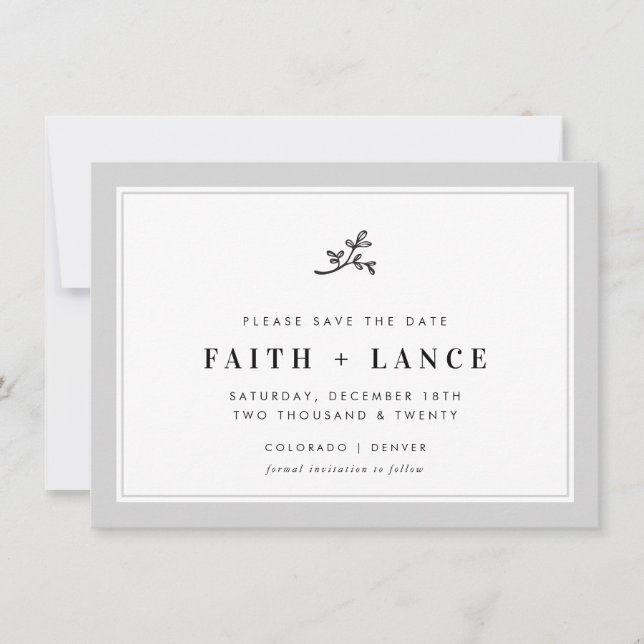 SAVE THE DATE modern sprig simple border soft grey (Front)