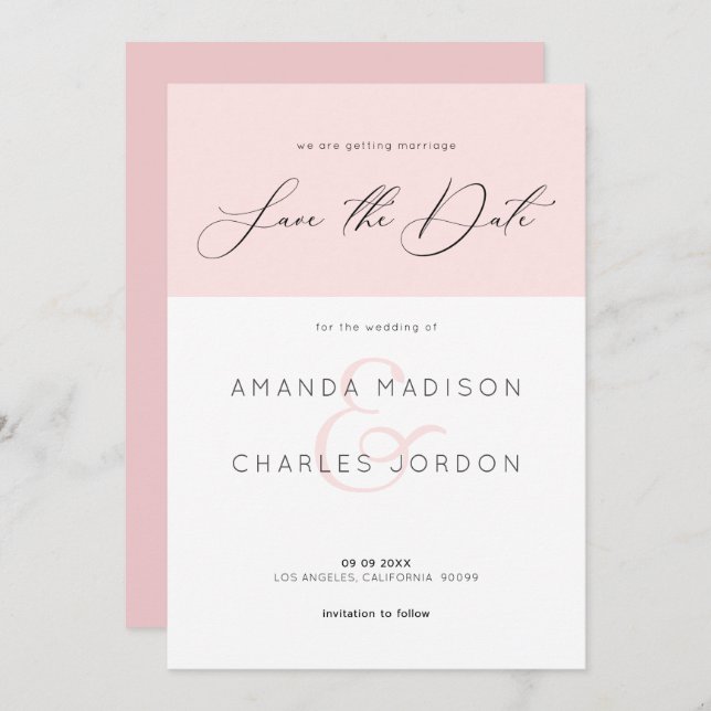 Save the date modern typography pink and white invitation (Front/Back)