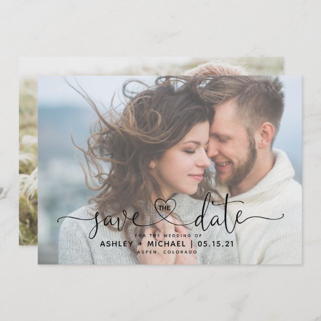 Save The Date Modern Vellum 2 Photo Heart Script Mariage Enregis (Devant / Derrière)