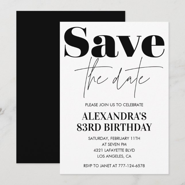 Save the date Modern White 83rd birthday Invitation (Front/Back)
