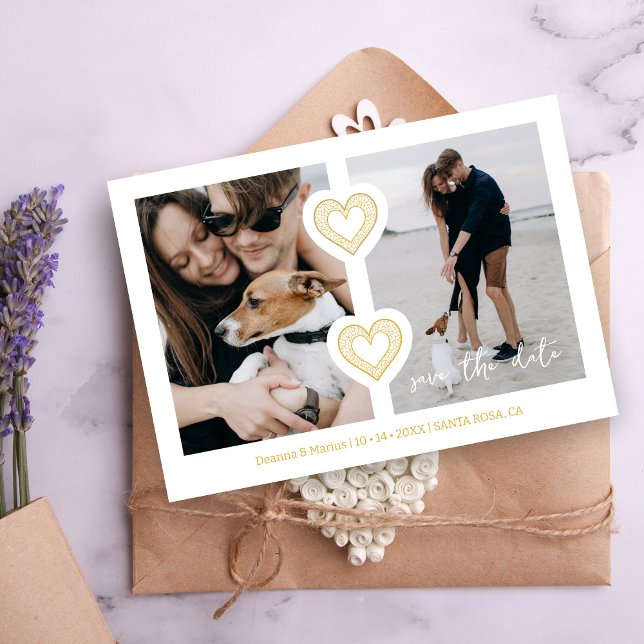 Save The Date Moderne 2 Photos Multi & 2 Coeurs de dentelle Blan (Modern 2 Multi Photos & 2 Fake Lace Hearts in White & Faux Golden Wedding Save the Date Card.)