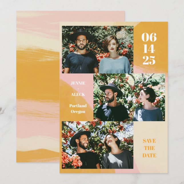 Save The Date Moderne 3 Photo Collage rose et orange Mariage (Devant / Derrière)