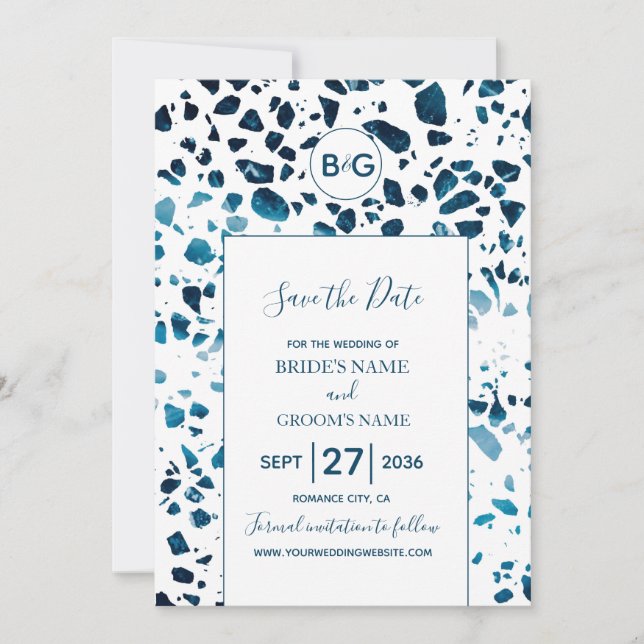 Save The Date Moderne Abstrait Terrazzo Mosaic Bleu Enregistrer  (Devant)