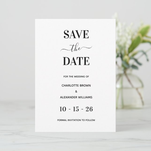 Save The Date Moderne Blanc & Noir Minimal Enregistrer La Date (Debout devant)