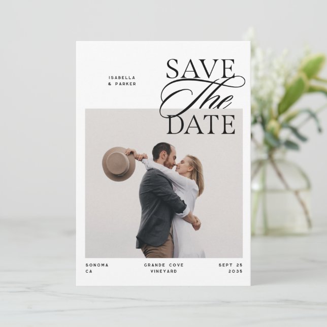 Save The Date Moderne Chic Editorial Script Photo Double Face (Debout devant)