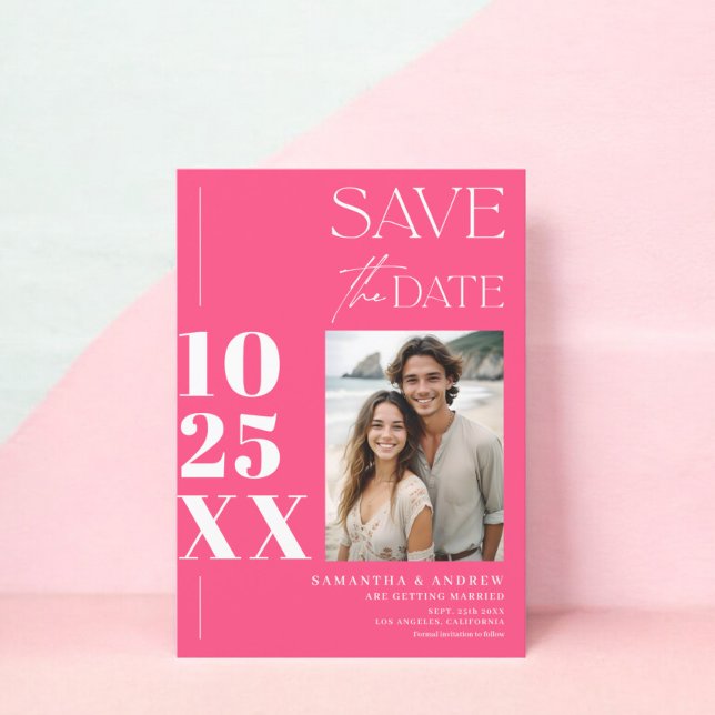 Save The Date Moderne chic simple écriture audacieuse neon maria (Modern chic simple bold script neon pink wedding save the date)