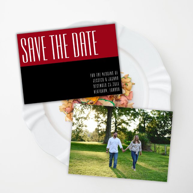 Save The Date Moderne Contemporain Gras Noir Rouge Photo Mariage (Créateur téléchargé)