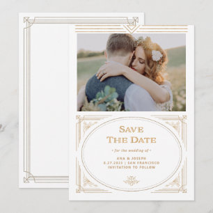 Save The Date Moderne Déco   Élégante Photo Or et Blanc Faux