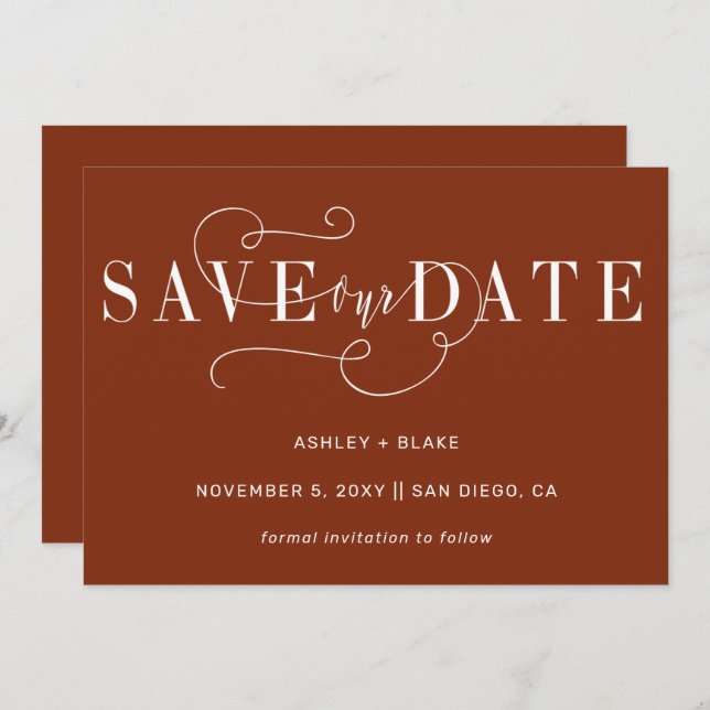 Save The Date Moderne Design Rust Simple Calligraphie manuscrite (Devant / Derrière)
