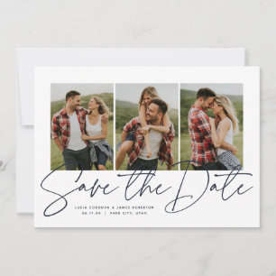 Save The Date Moderne écriture stylée trois photo bleu marine