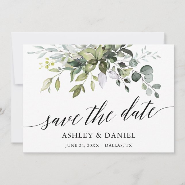 Save The Date Moderne Elégant aquarelle Verdure calligraphie (Devant)