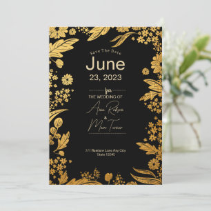 Save The Date Moderne Elégant Black and Gold Floral Enregistrer 