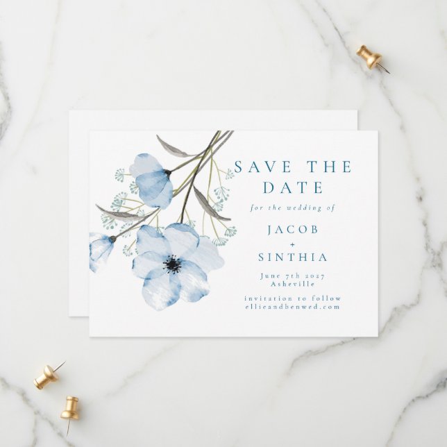 Save The Date Moderne Elegant Chic Dusty Mariage bleu (Devant/Arrière en situation)