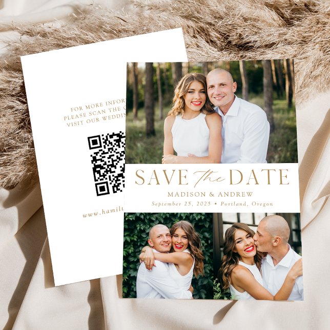 Save The Date Moderne Elegant Gold 3 Photo Code QR (Créateur téléchargé)