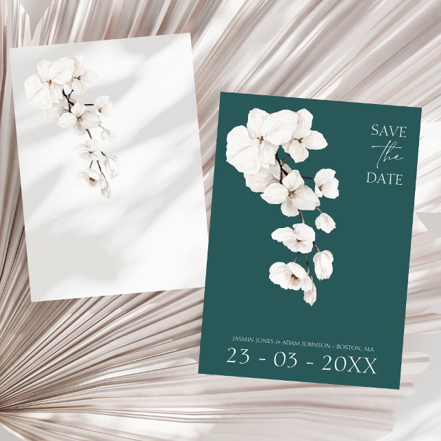 Save The Date Moderne Emerald Green Orchidées Blanches Fleurs Ma (Modern Emerald Green White Orchids Flowers Wedding Save The Date)
