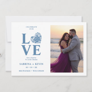 Save The Date Moderne Fleur Bleu Poussiéreux Coeur Photo Mariage