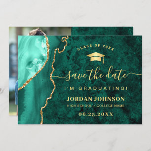 Save The Date Moderne Golden Emerald Marble Graduation QR code